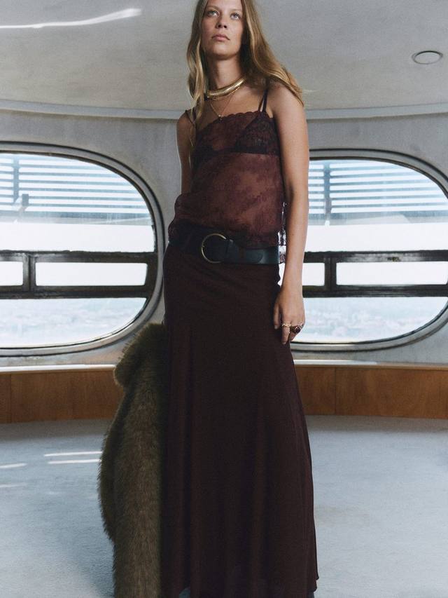 

Юбка Lea с поясом и воланами Mango, Dark Red