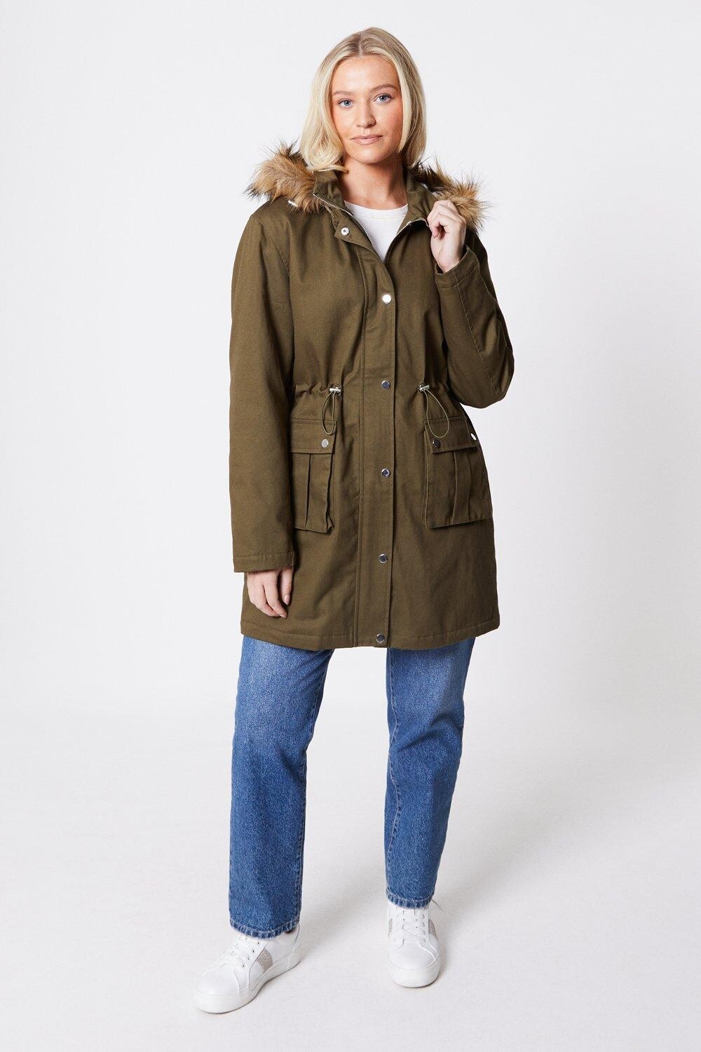

Парка с меховым капюшоном Dorothy Perkins, хаки