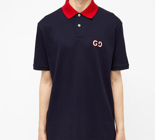 Футболка gg logo embroidered contrasting colors short sleeve polo shirt navy blue Gucci, синий — фото 3