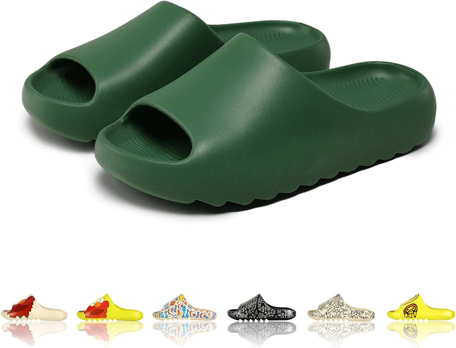

Мужские и женские тапочки-сланцы с облачной подушкой EVA, милый мультяшный принт, нескользящие для душа, с открытым носком, для ванной, дома, спа, тренажерного зала, мягкая и удобная обувь Tptoes, темно-зеленый