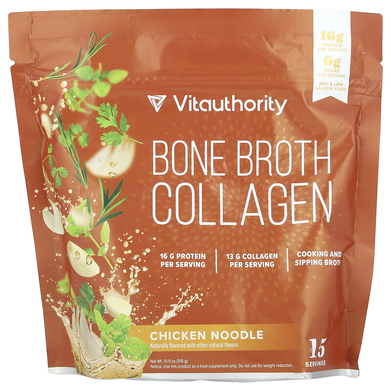 

Vitauthority, Bone Broth Collagen, куриная лапша, 310 г (10,9 унции)
