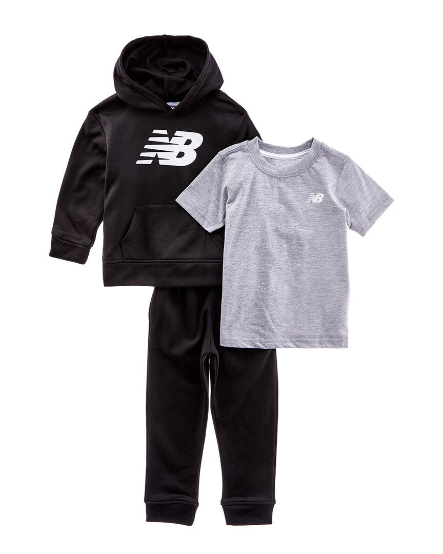 Комплект New Balance из 3 предметов: флисовая толстовка, футболка и спортивные штаны, черный — фото 2