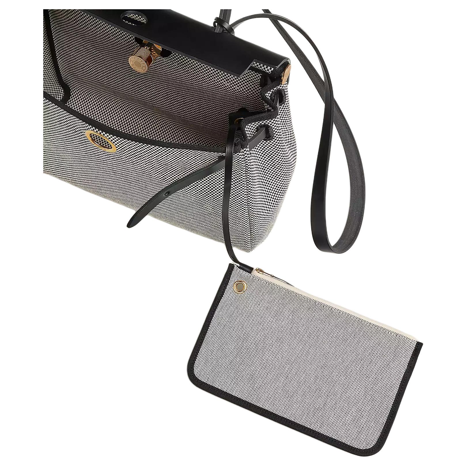 HERMES Herbag Zip Criss Viking Canvas с кожаной отделкой Hunter Cow, женская сумка через плечо, бежевая и черная — фото 4