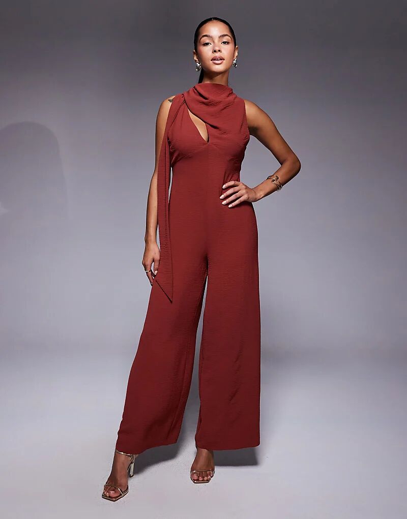 

Комбинезон ASOS DESIGN с широкими штанинами, воротником-хомутом и завязкой, цвет ржавчины