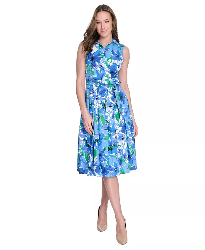 

Мини-платье-рубашка из хлопка с принтом и поясом Petite Cotton Printed Tie-Waist Shirtdress Jessica Howard, синий