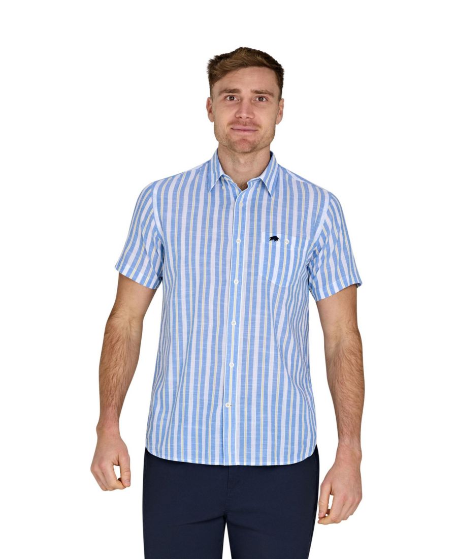 

Рубашка с коротким рукавом из хлопка и льна больших размеров Raging Bull, Mid blue