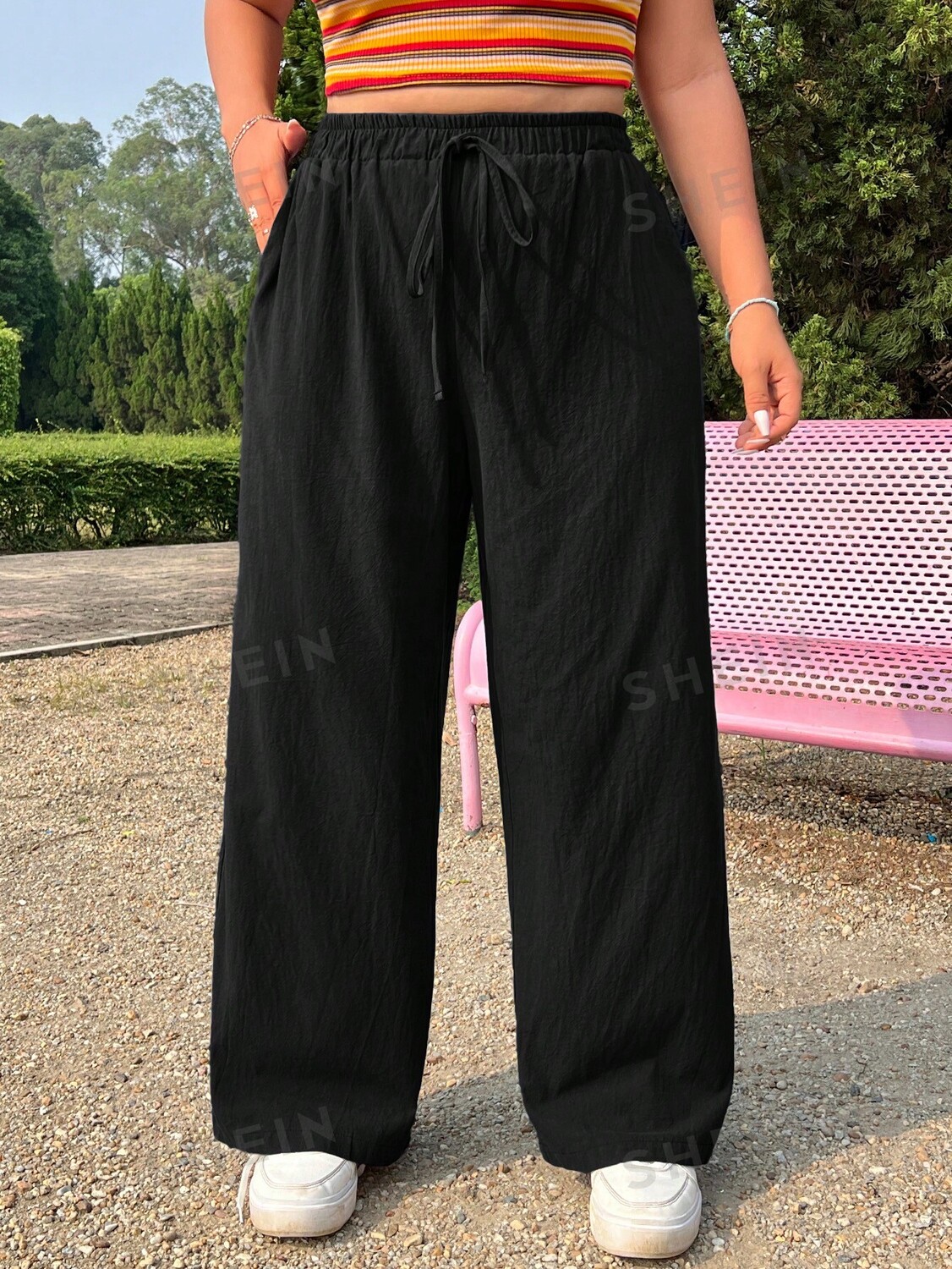 

EZwear Плюс Размер Женские Простые однотонные летние широкие брюки Shein, черный