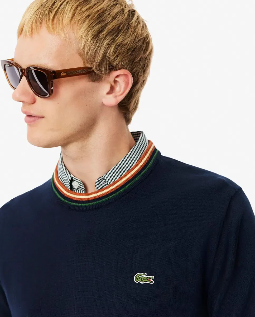 Мужской вязаный джемпер Мужской хлопковый полосатый джемпер Lacoste, темно-синий — фото 3