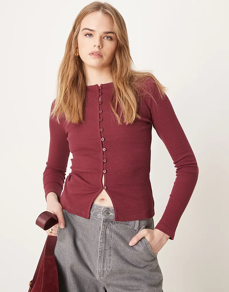 

Кардиган с укороченным низом в рубчик бордового цвета ASOS DESIGN