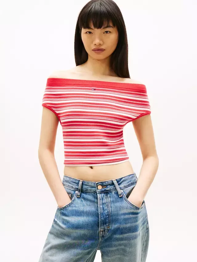 Вязаный топ в полоску с вырезом Бардо, красный/разноцветный Tommy Hilfiger