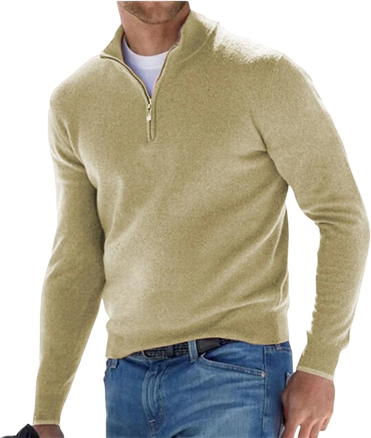 Мужской свитер с молнией на четверть, длинный рукав, slim fit