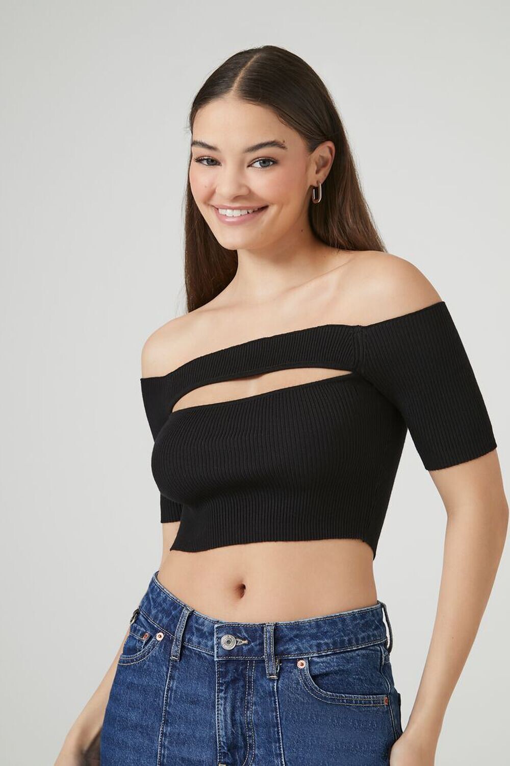 

Вязаный свитер с открытыми плечами Forever 21, черный