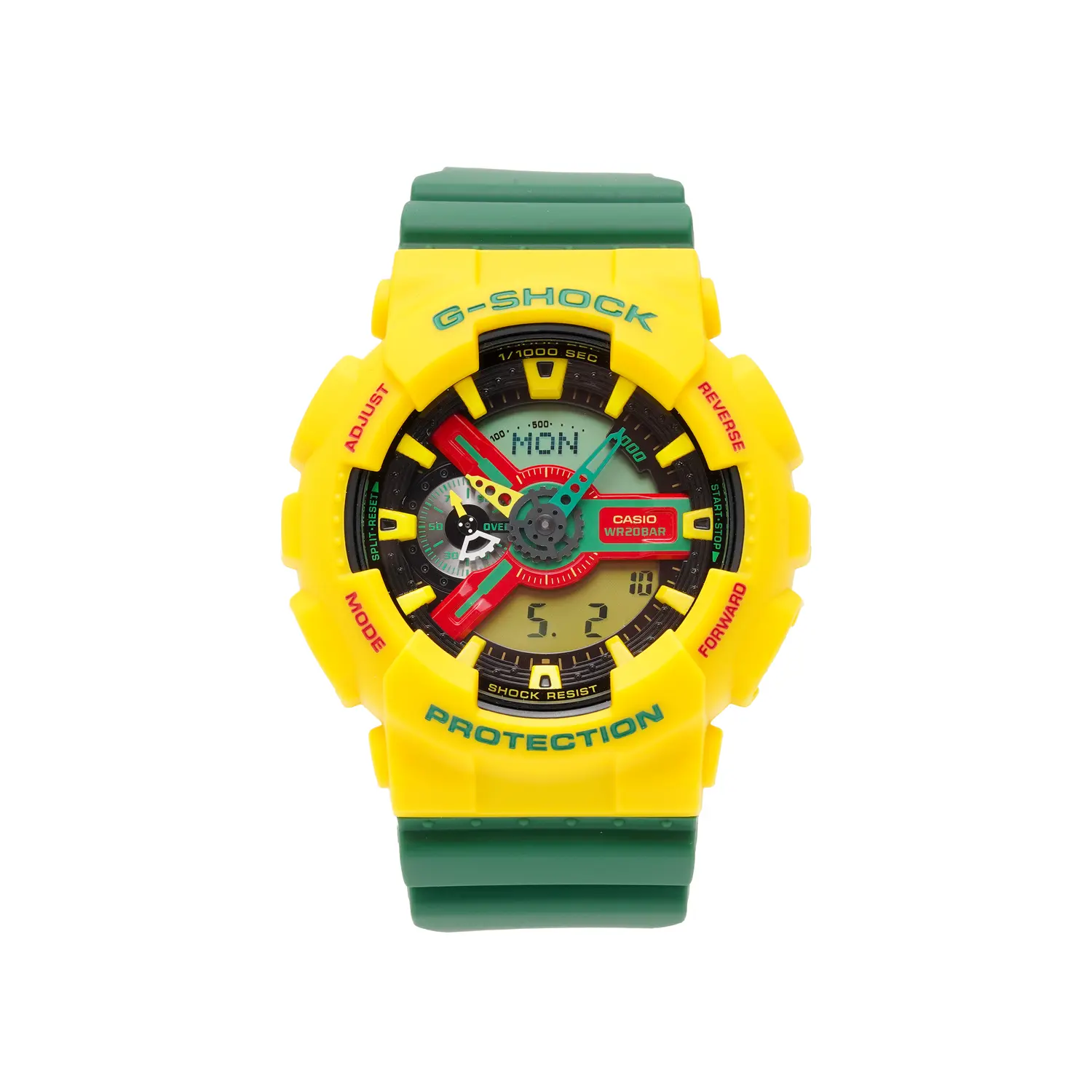

CASIO Часы Women's Liquid Crystal/Analog Dual Display Series Yellow Watch GA-110RF-9A, Yellow Watch Dial with Green Strap