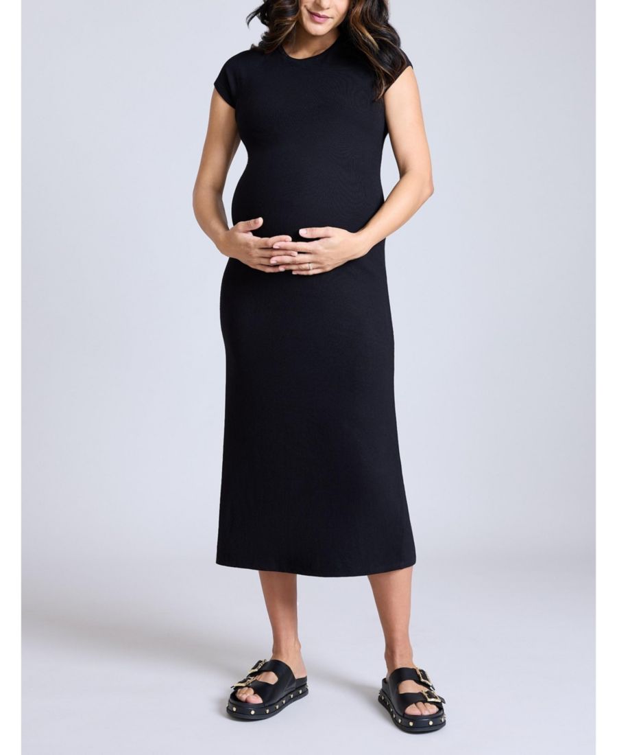 

Платье-миди с короткими рукавами и рукавами реглан для беременных из трикотажа в рубчик - Материнство Motherhood Maternity, Black