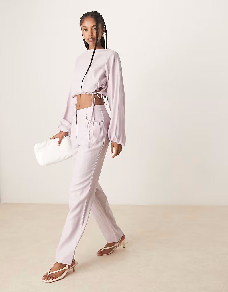 

Прямые брюки из льняного материала с отделкой из жемчуга в сиреневом цвете Asos Design