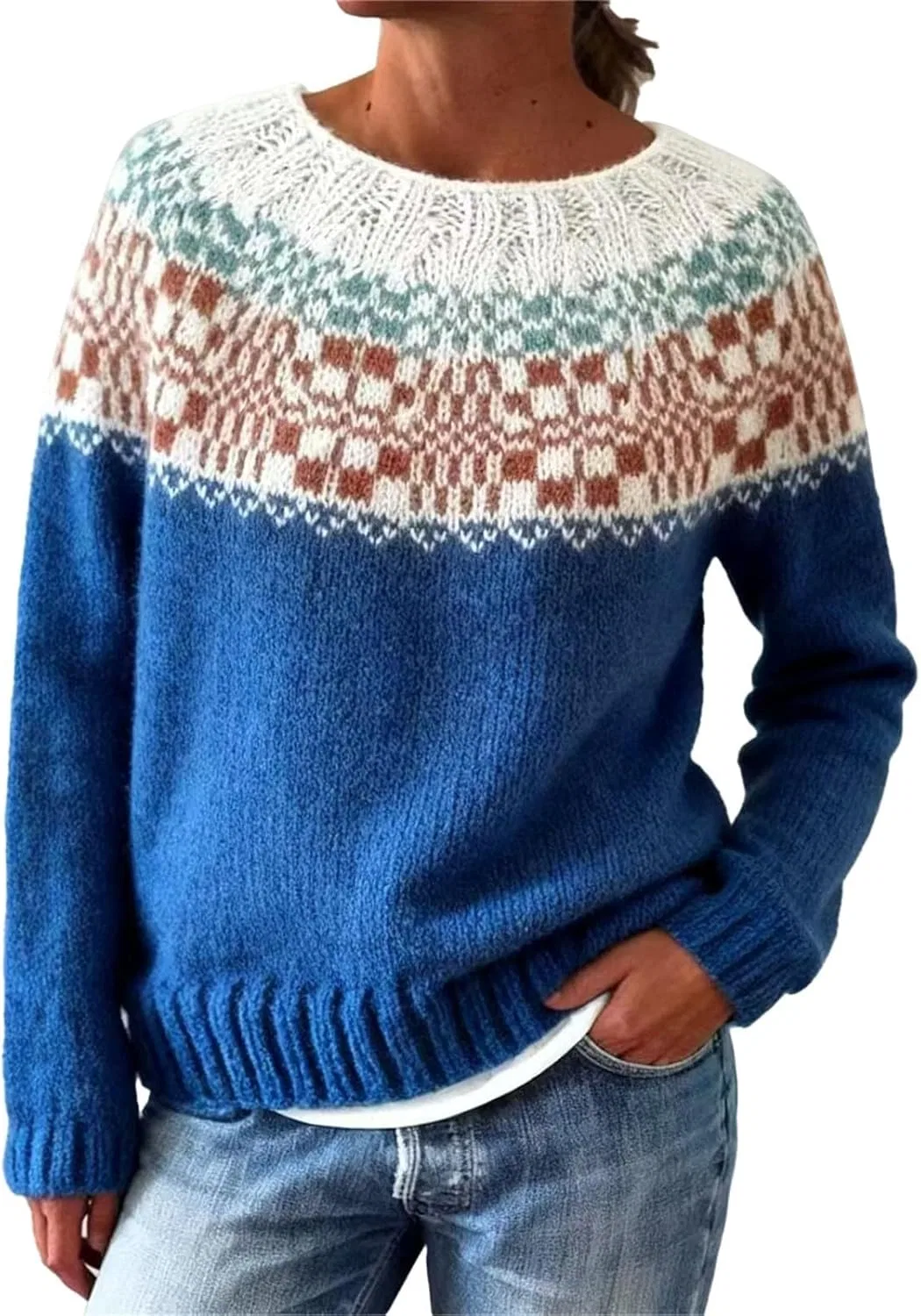 Женский вязаный уютный свитер с круглым вырезом в стиле Fair Isle, винтажный, милый, теплый и комфортный, осенне-зимний, свободного кроя