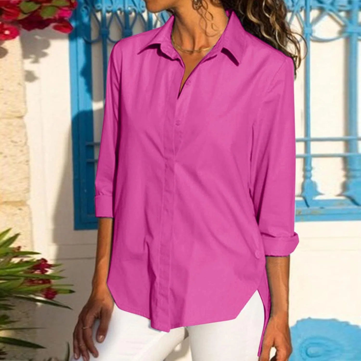 Блуза, женская, с длинным рукавом, Stand Collar Shirt, ярко-розовый — фото 2