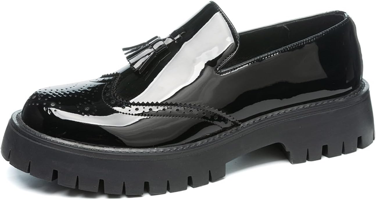 

Мужские черные мягкие лаковые лоферы на платформе с массивным каблуком, кисточками и закругленным носком, с противоскользящей подошвой, деловые повседневные туфли для вечеринок, свиданий, работы, школы и офиса Tixewsjh