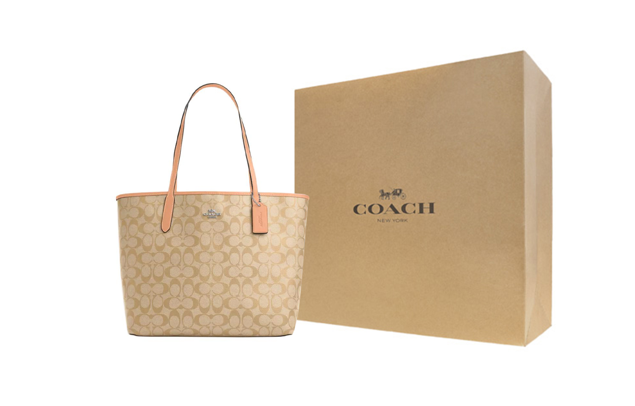 

COACH Городская холщовая сумка-шоппер Сумка через плечо Женская сумка Большого размера Светлый хаки и выцветший румянец
