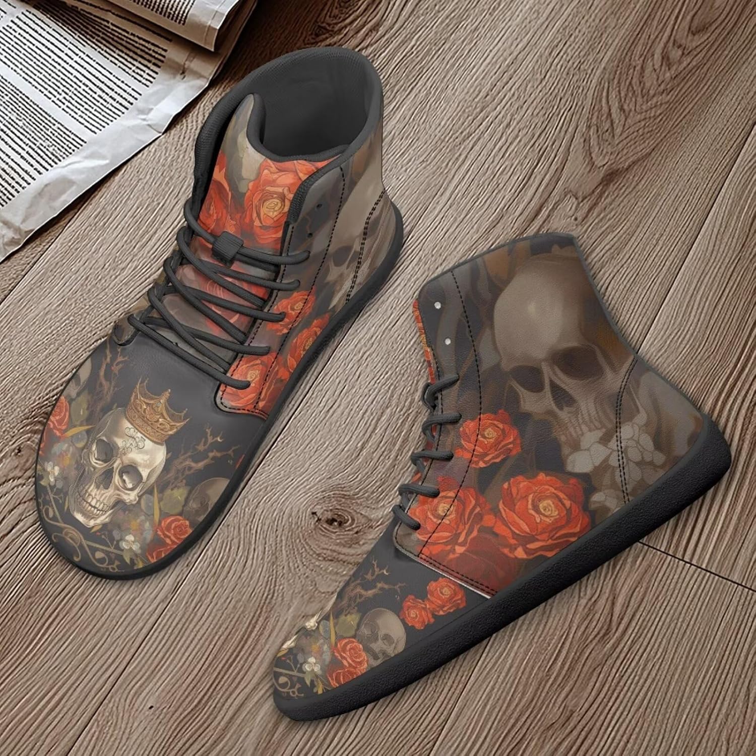 Мужские босоножки Jeiento Skull, высокие кроссовки из ПУ-кожи для ходьбы, легкие ботинки с широкой носовой частью, шнуровка, беговые кроссовки, Sugar Skull Red Rose Flower — фото 4
