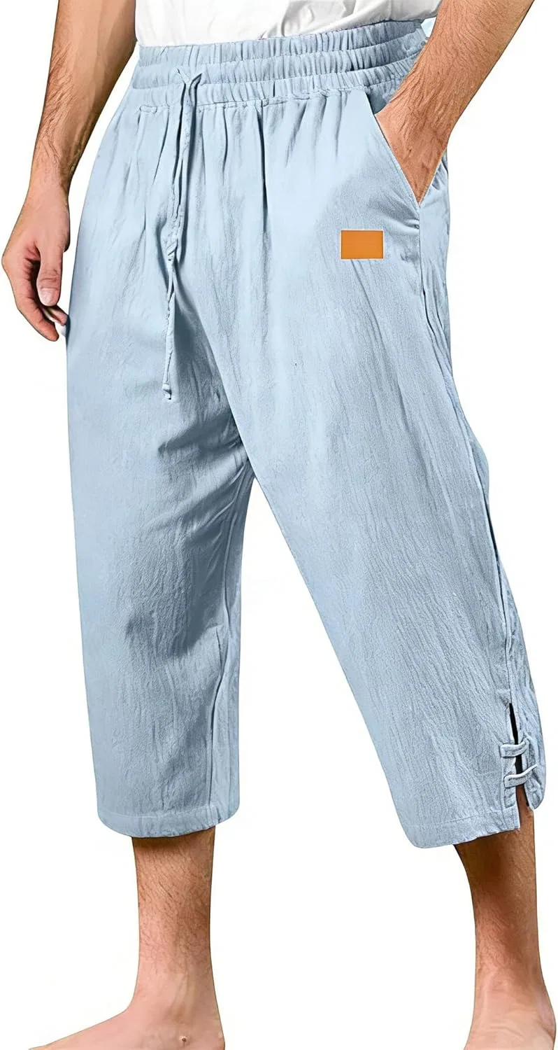Мужские капри из хлопка и льна, легкие, с эластичным поясом, Sky Blue