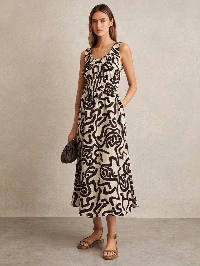 

Платье миди Akari Abstract из льняной смеси с защипами Reiss, Brown/Ivory