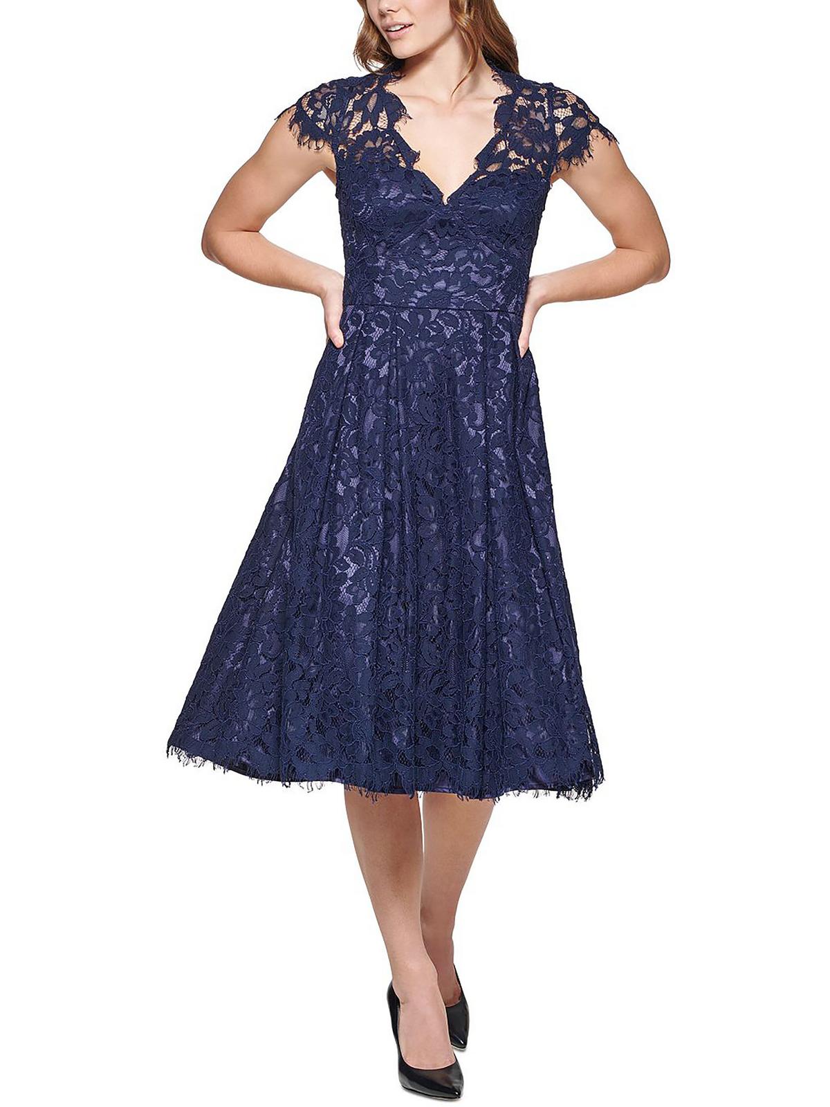 

Женское кружевное платье миди с V-образным вырезом Eliza J, темно-синий