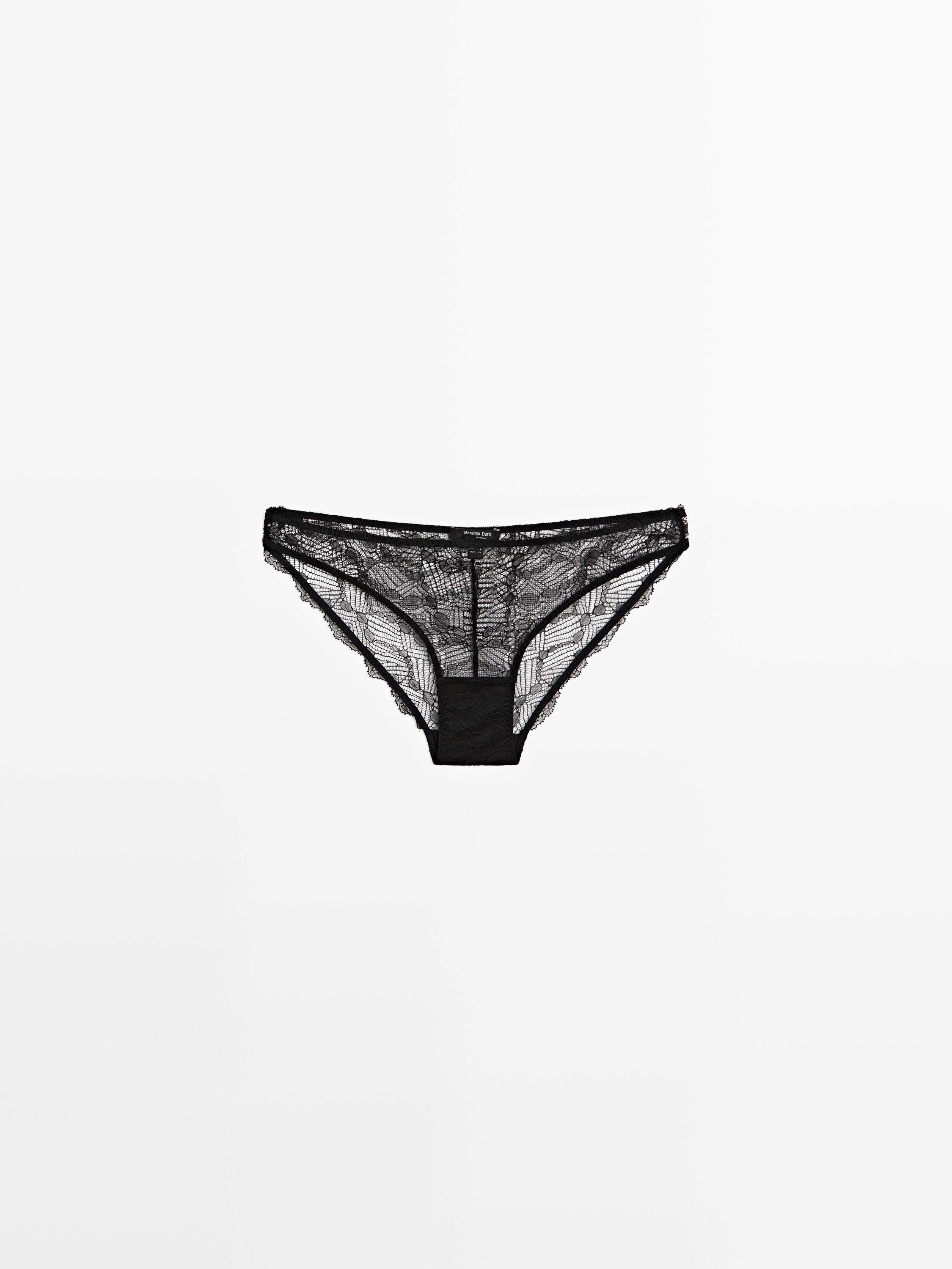 Кружевные трусы с отделкой из кружева шантильи Massimo Dutti, black — фото 2