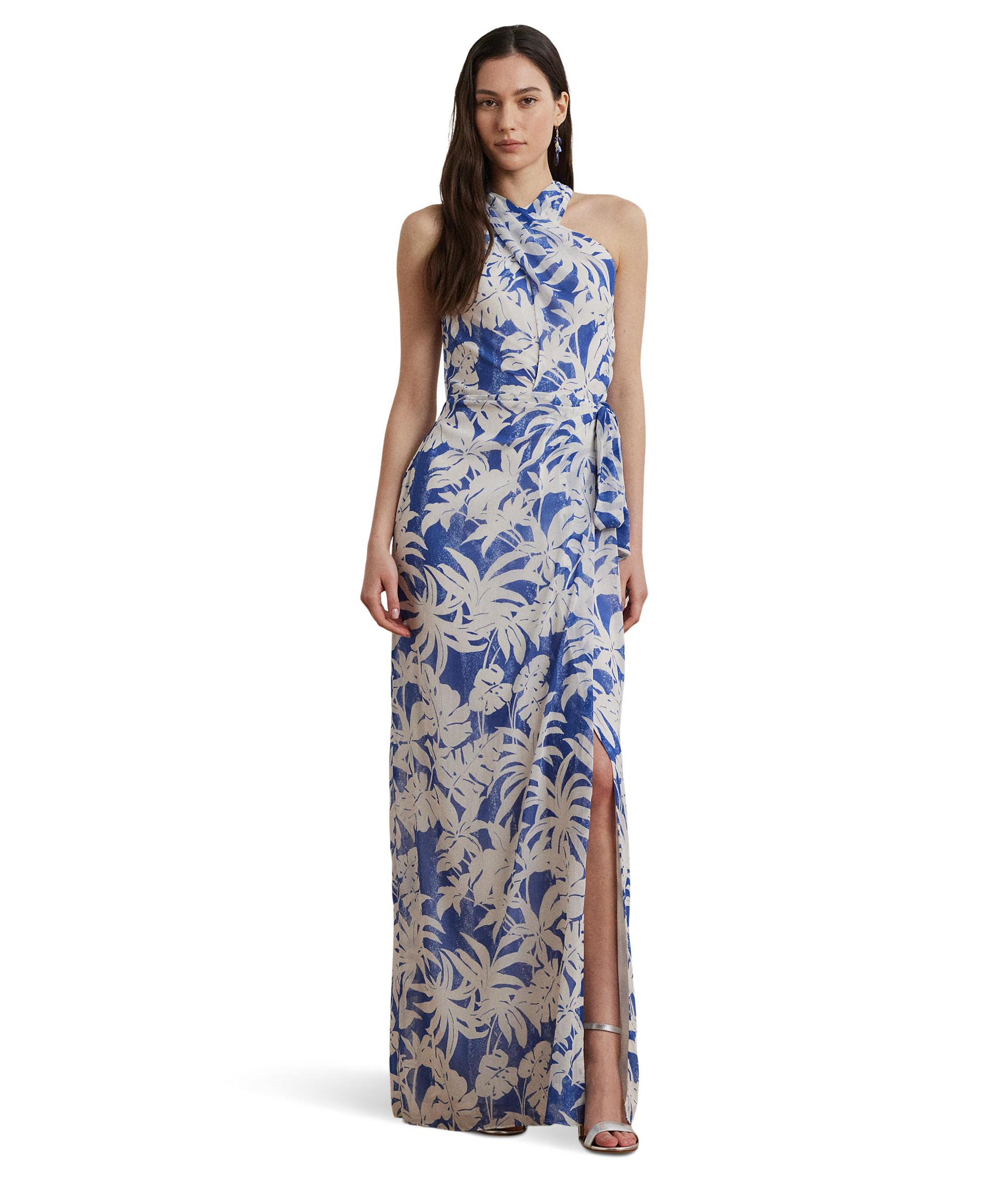 

Платье Lauren Ralph Lauren Palm-Frond-Print Georgette Halter Gown, Blue/White