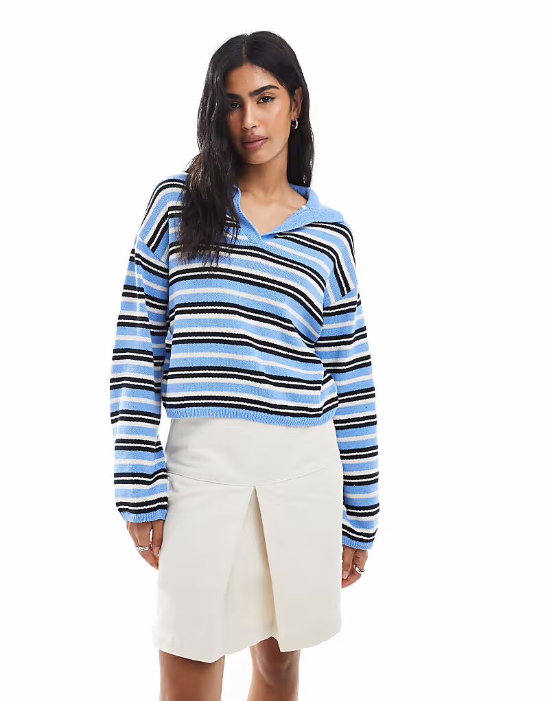 

Плотный трикотажный топ-поло с длинными рукавами в синюю полоску Asos Design