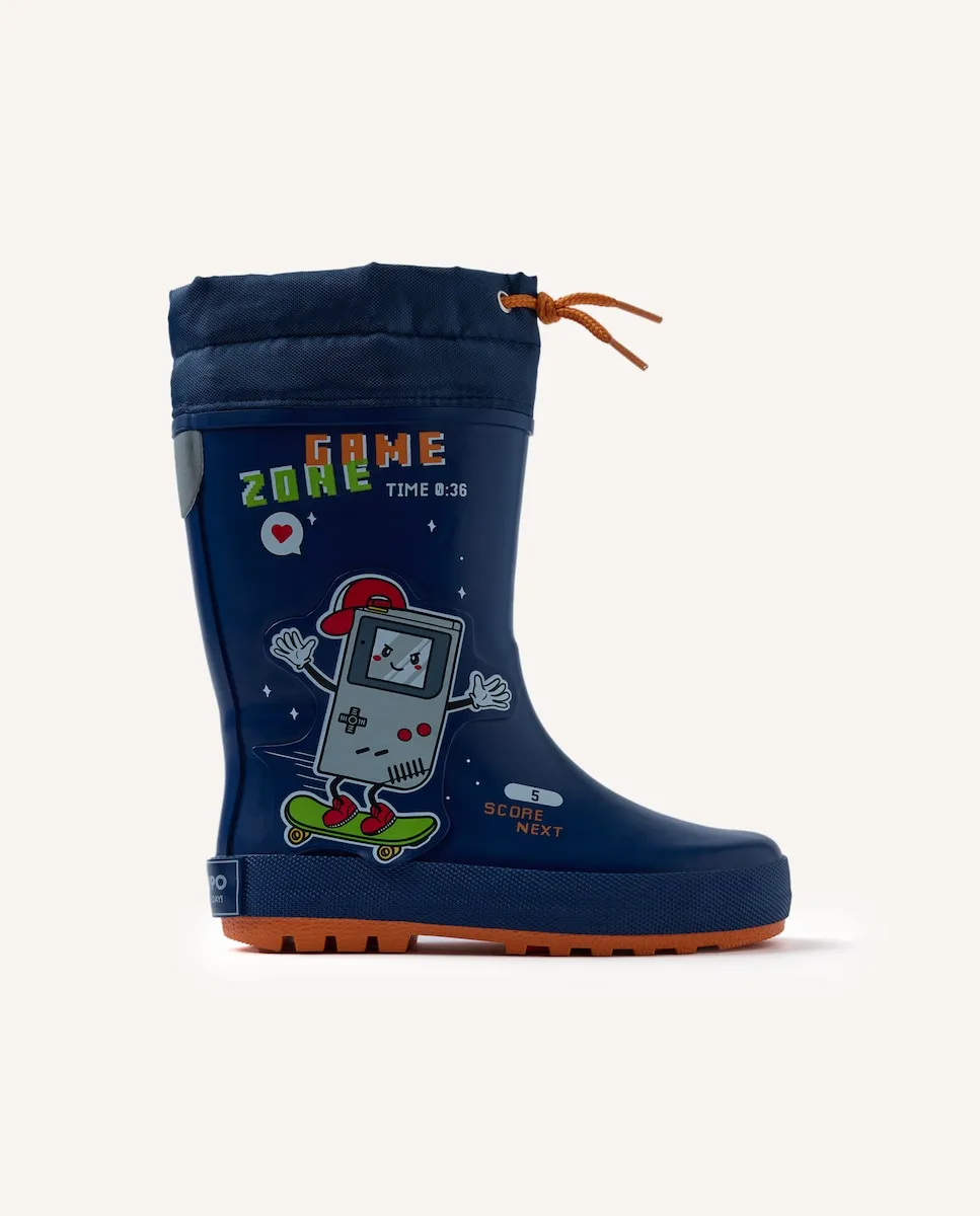 

Детские резиновые сапоги с геймерским рисунком и регулируемым манжетом Gioseppo, темно-синий