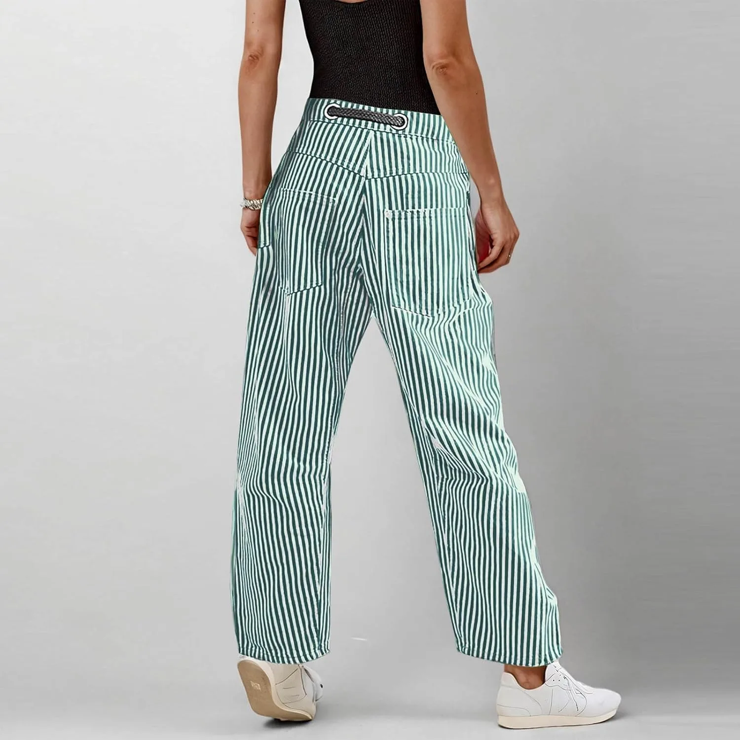 Женские брюки Classic Stripe Print с модным пэчворком, на шнурке, с высокой талией, широкие, с карманами Generic, зеленый — фото 3