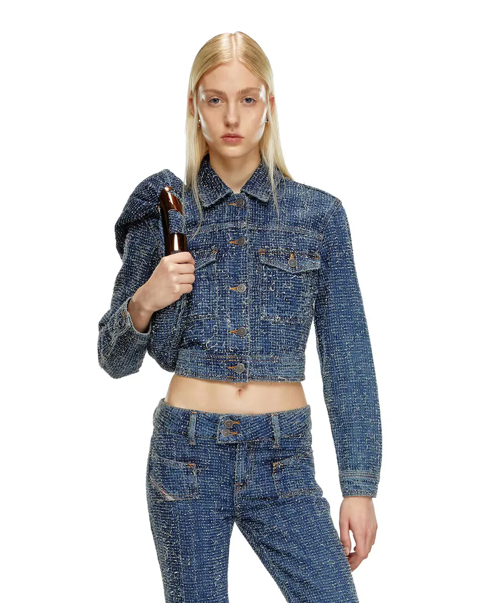 

Хлопковая короткая женская джинсовая куртка Diesel, темно-синий