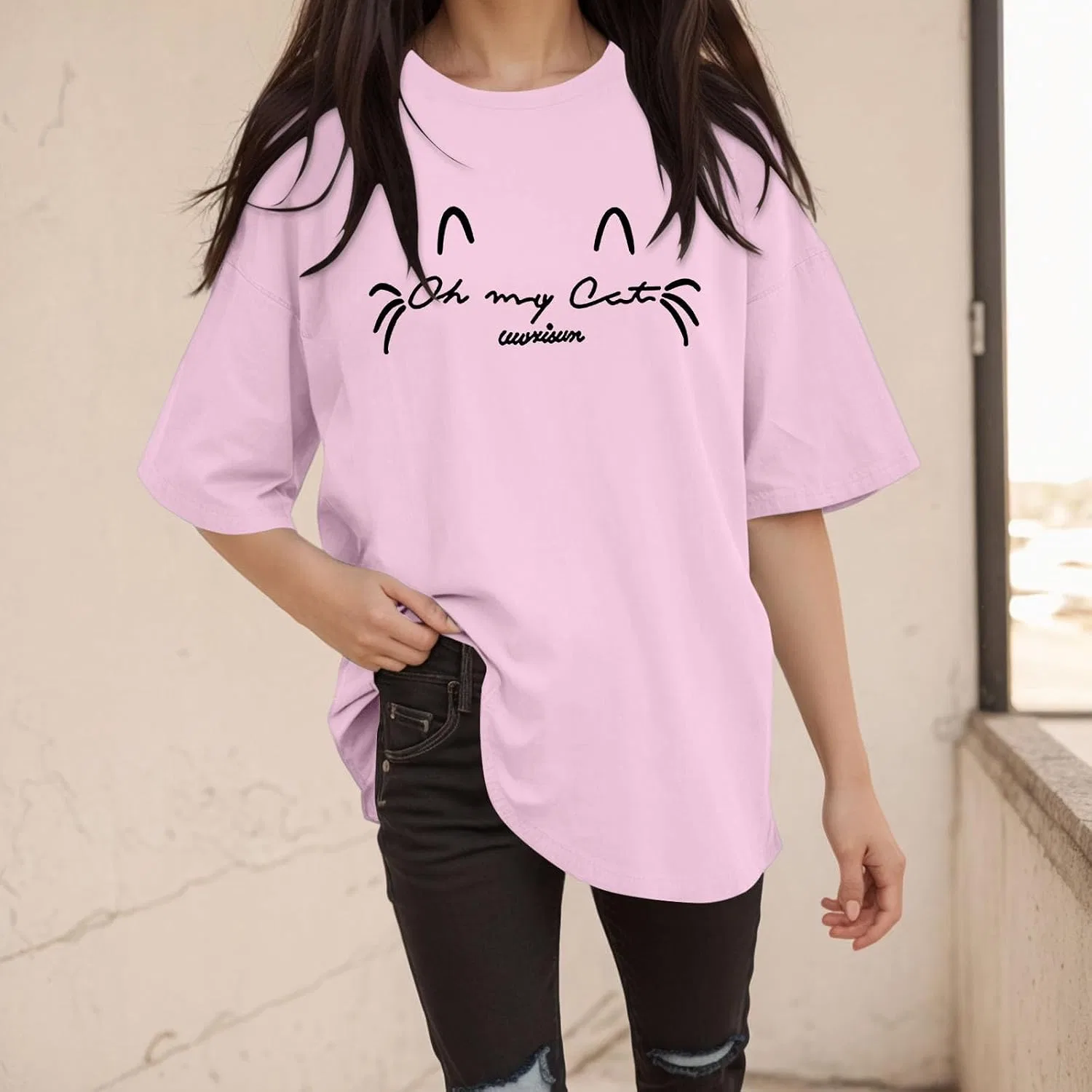 Блуза с круглым вырезом, свободная, Women's Short Sleeve T-Shirt, розовый — фото 3