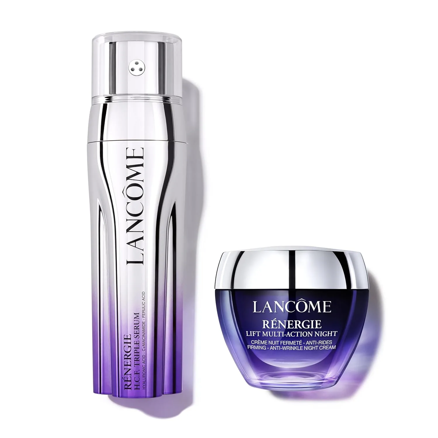 Набор средств по уходу за кожей Lancôme с гиалуроновой кислотой: сыворотка Rénergie HCF Triple Serum и ночной крем Rénergie Multi-Action Night Cream.