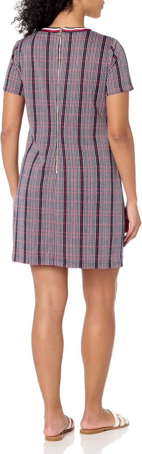 Женское платье-трапеция Tommy Hilfiger с полосками и V-образным вырезом, короткими рукавами, Navy Multi — фото 2