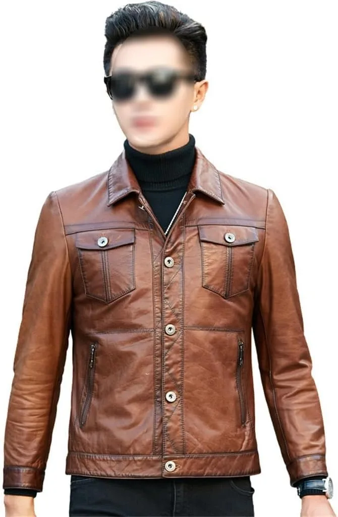 Мужская мотоциклетная повседневная куртка из кожи, короткая, приталенного кроя, коричневая, легкая Generic, D