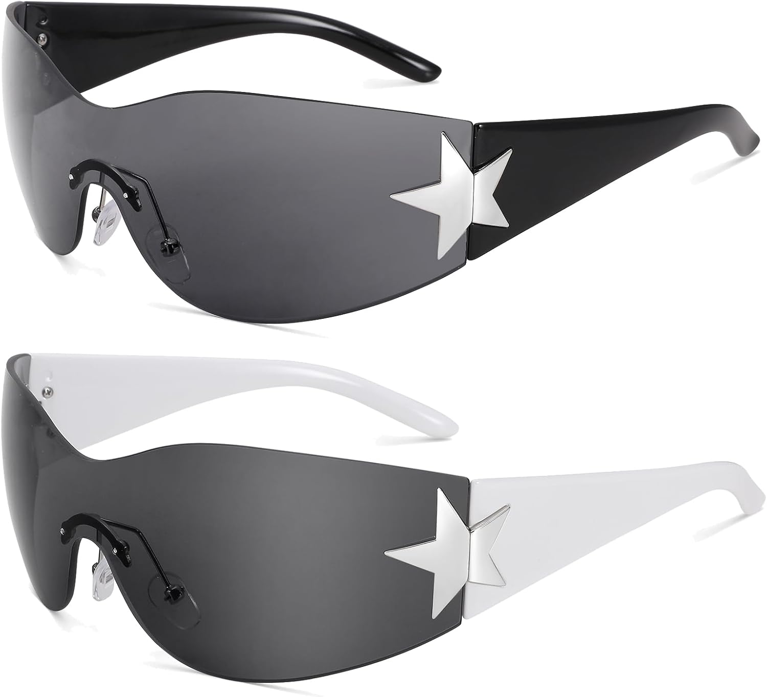 

Солнцезащитные очки COASION без оправы в стиле Y2K с обтекаемой формой и звездным рисунком, для женщин и мужчин, в стиле 2000-х, с козырьком-щитком, большие, модные, без оправы, C1* Black + Black White - 2 Pack