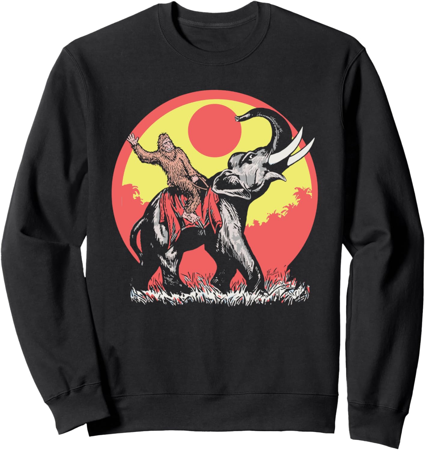 

Вперед! Забавная ретро-толстовка с изображением Бигфута, Сасквоча верхом на слоне Sasquatch Garage, черный