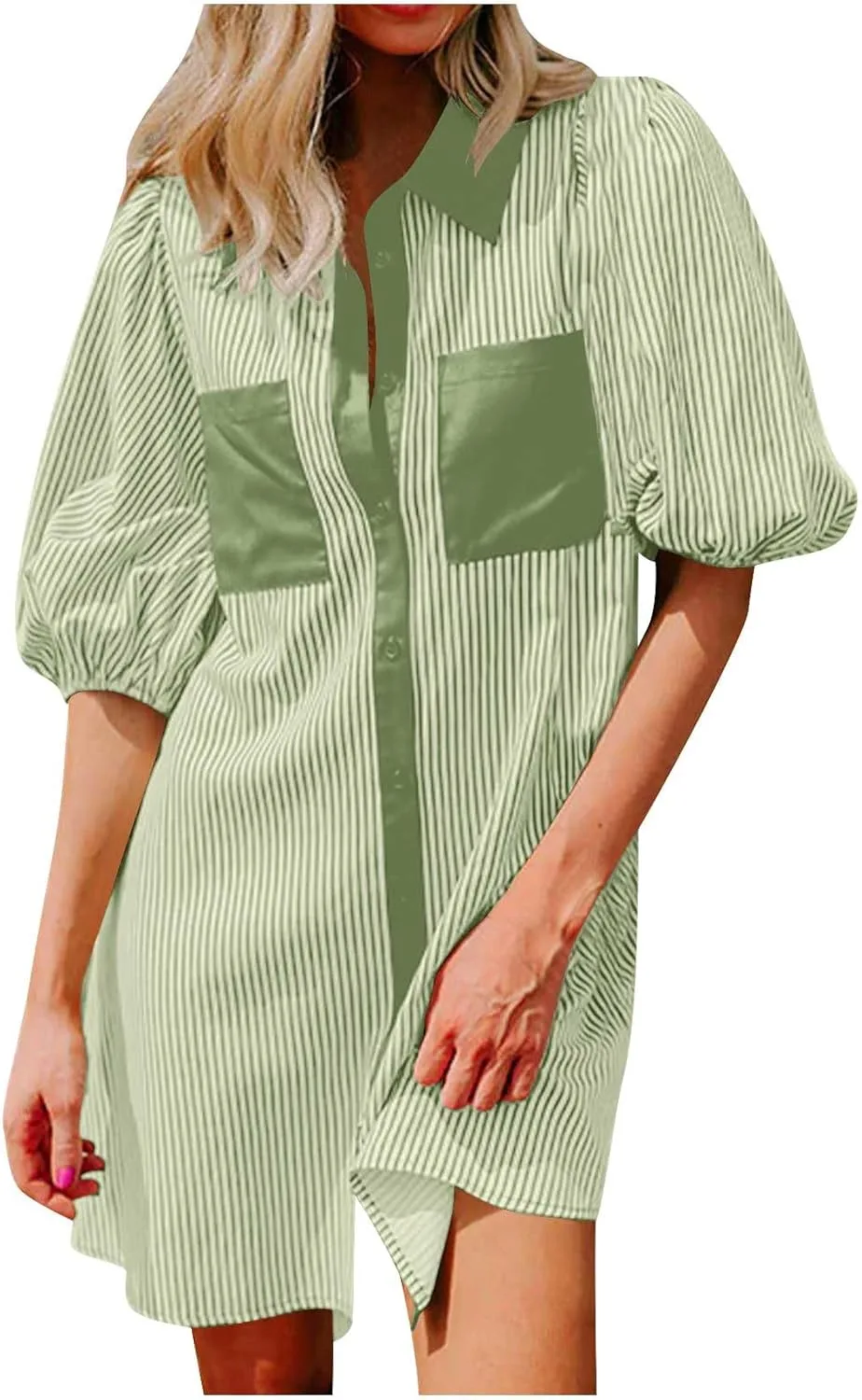Женские платья-рубашки на пуговицах, платья-туники в полоску с пышными рукавами, короткие платья свободного кроя, элегантные пляжные накидки, платья с карманами Generic, зеленый