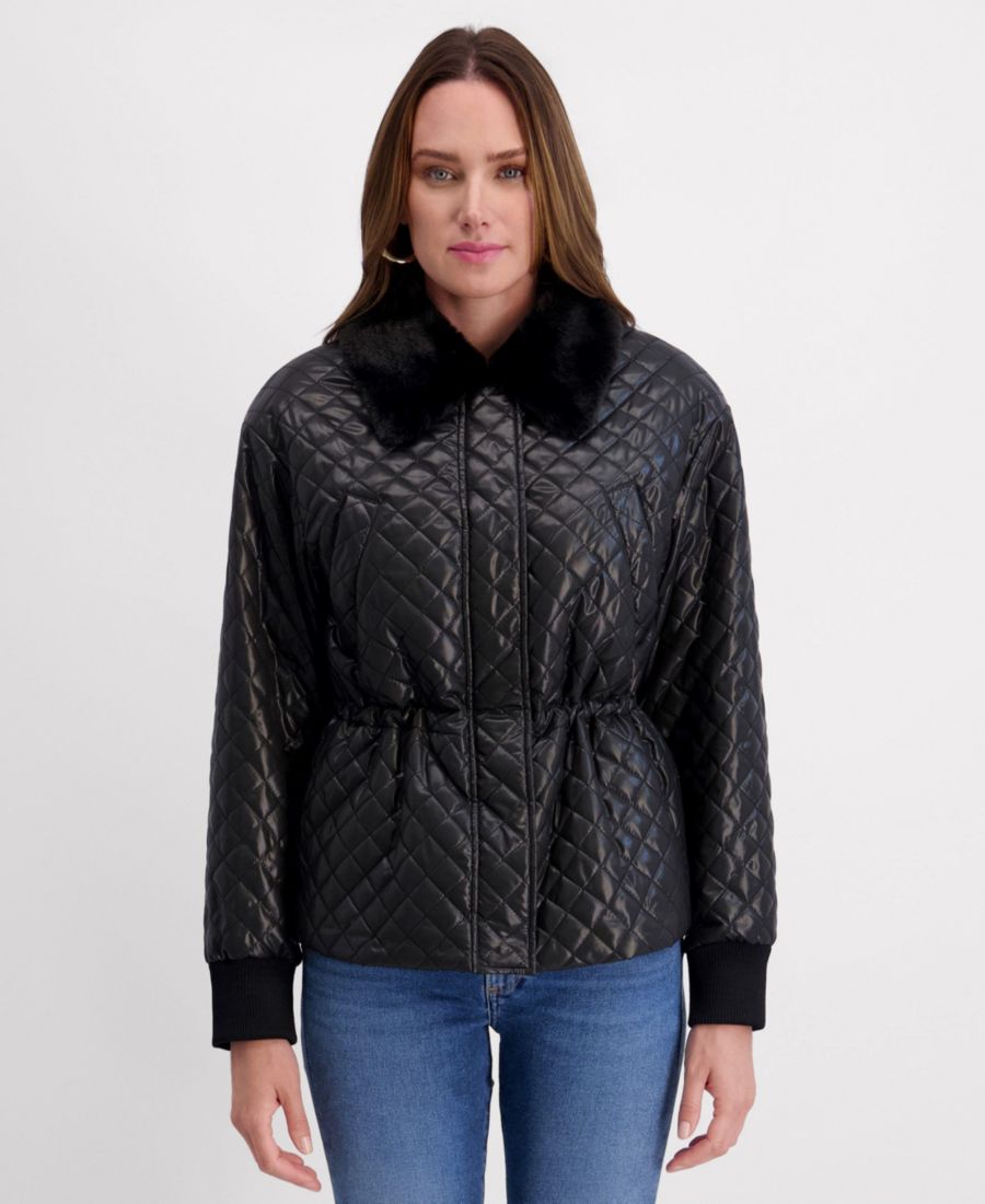 

Женская стеганая куртка с зауженной талией и воротником из искусственного меха kensie, Black