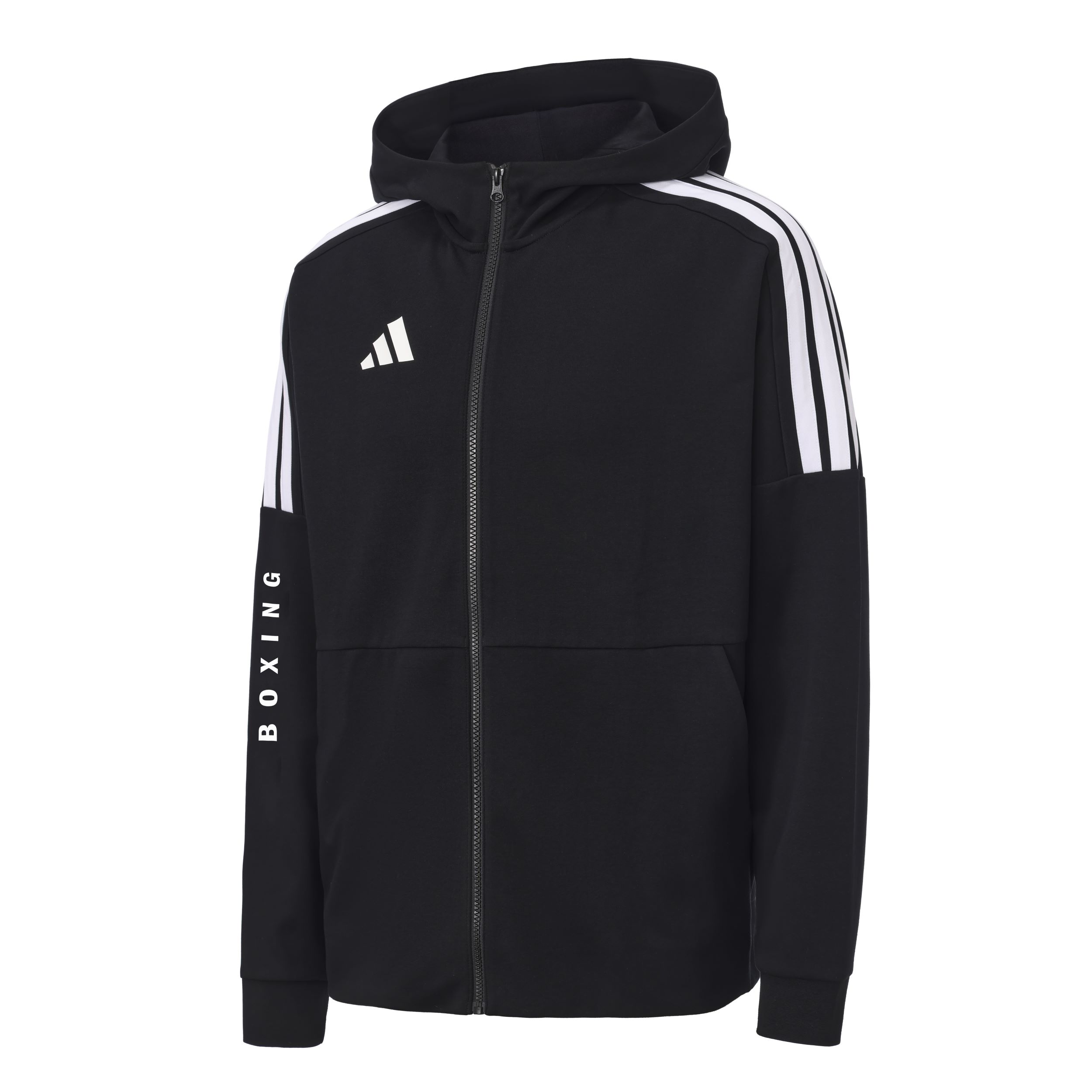 Adidas Куртка «Три полоски», унисекс, черная с белыми полосками, с капюшоном, умеренной плотности ткани, с несколькими карманами, трикотажная — фото 4