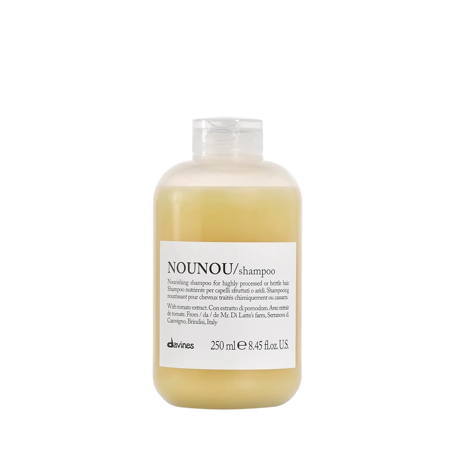 Davines NOUNOU шампунь, увлажняющее мягкое очищение для сильно обработанных, окрашенных, сухих, поврежденных или ломких волос - глубокое питание и восстановление мягкости с экстрактом томата, 250 мл