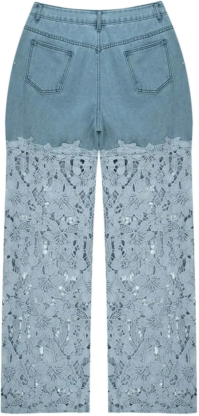 Джинсы кружевные Women's Lace Patchwork, Light Blue — фото 4