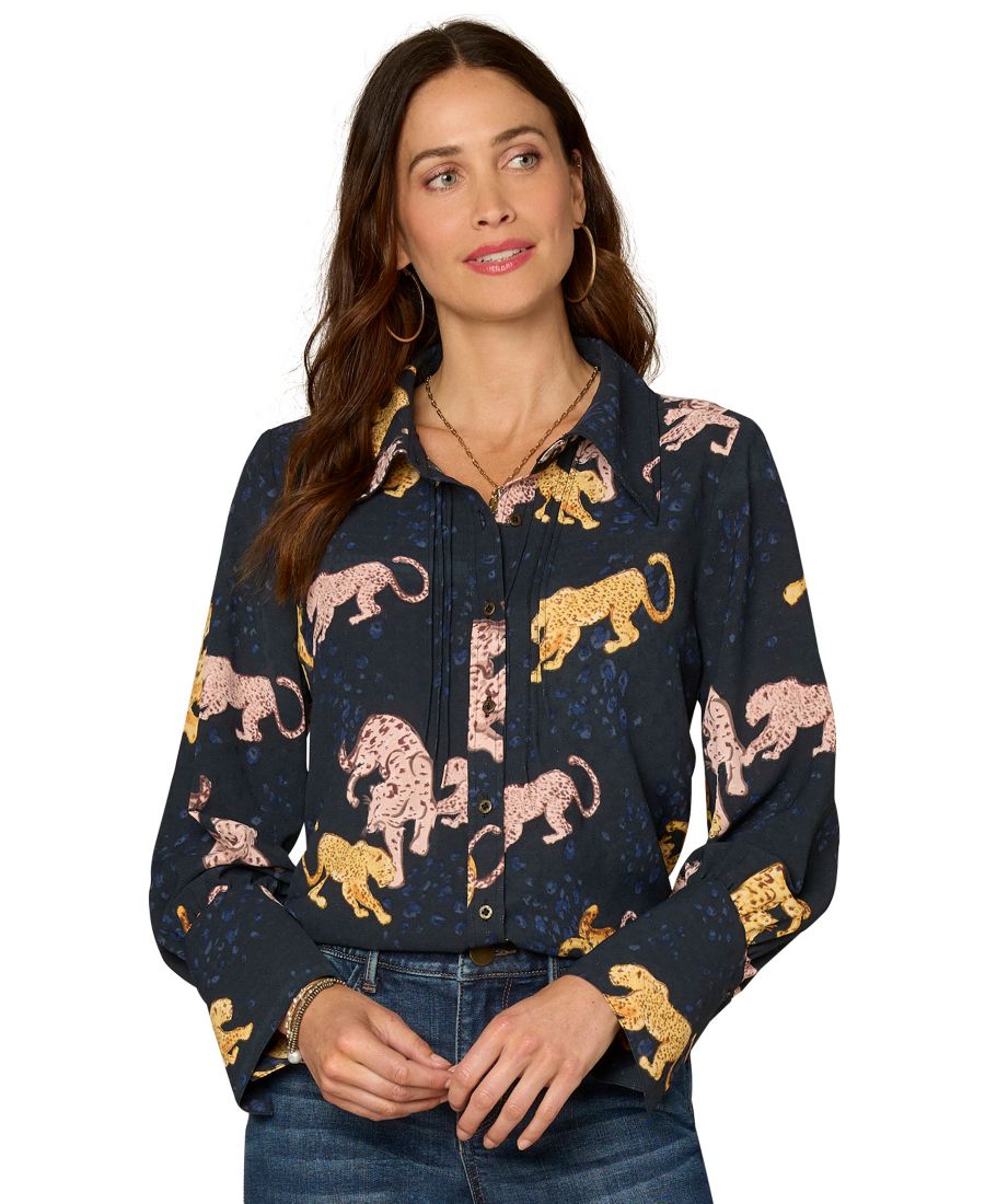 

Укороченная тканая блузка с длинными рукавами и принтом Democracy, Navy Multi