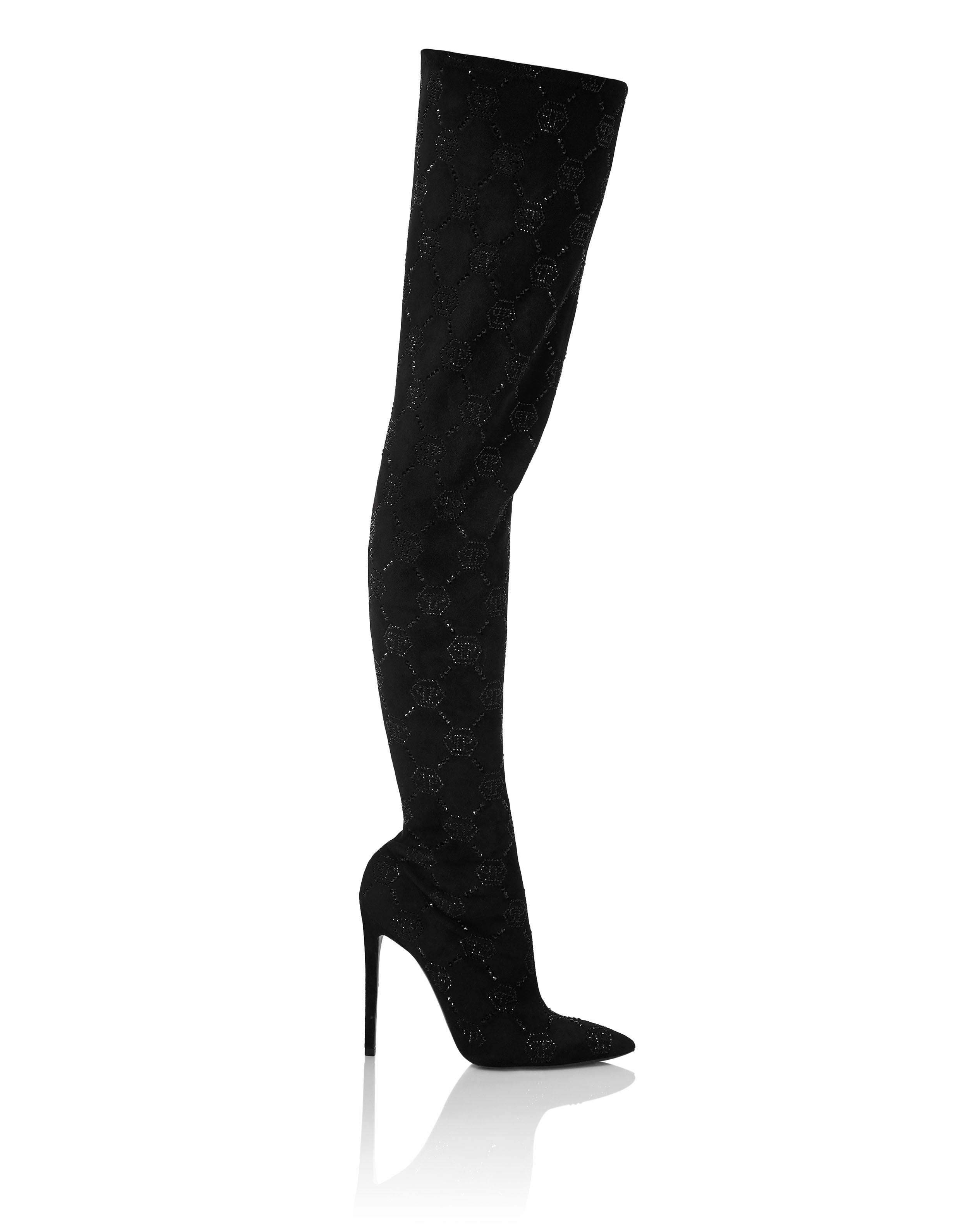 Замшевые эластичные сапоги на высоком каблуке Plein Overknees с монограммой PHILIPP PLEIN, черный — фото 2
