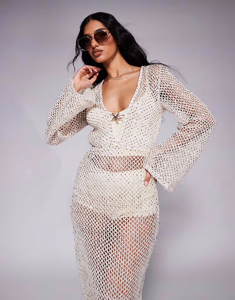 

Пляжное платье макси с серебряными пайетками кремового цвета South Beach