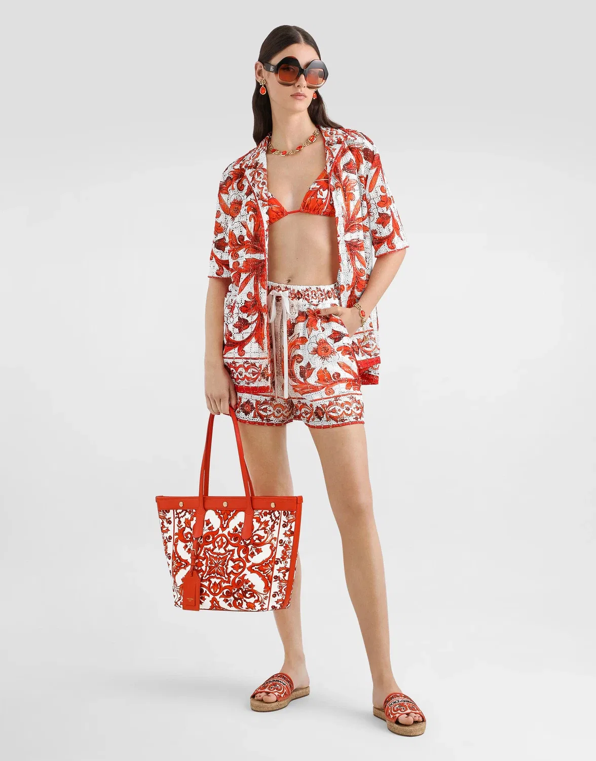 Рубашка из бродерье англез с ажурным узором «майолика» DOLCE & GABBANA, бежевый — фото 2
