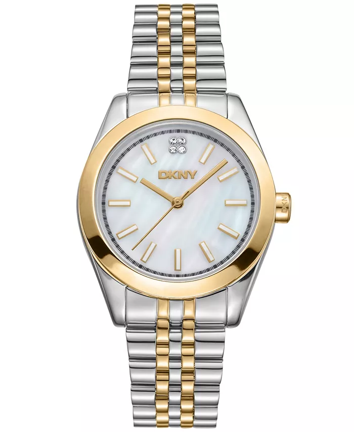 

Женские часы Nolita Midi с белым циферблатом MOP, золотисто-серебристый браслет из нержавеющей стали, 32 мм DKNY