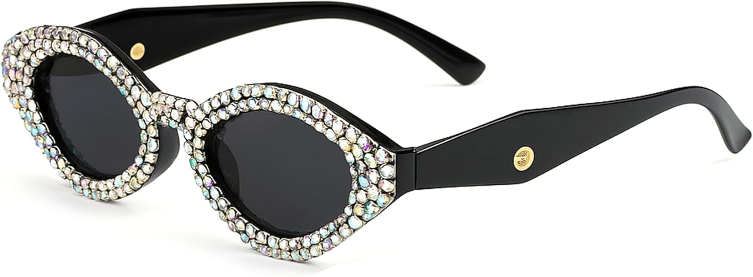 

bullabulling Модные солнцезащитные очки с ромбовидным узором и стразами для женщин, ретро-стиль, маленькие очки «кошачий глаз», блестящая кристальная оправа, Black/Black